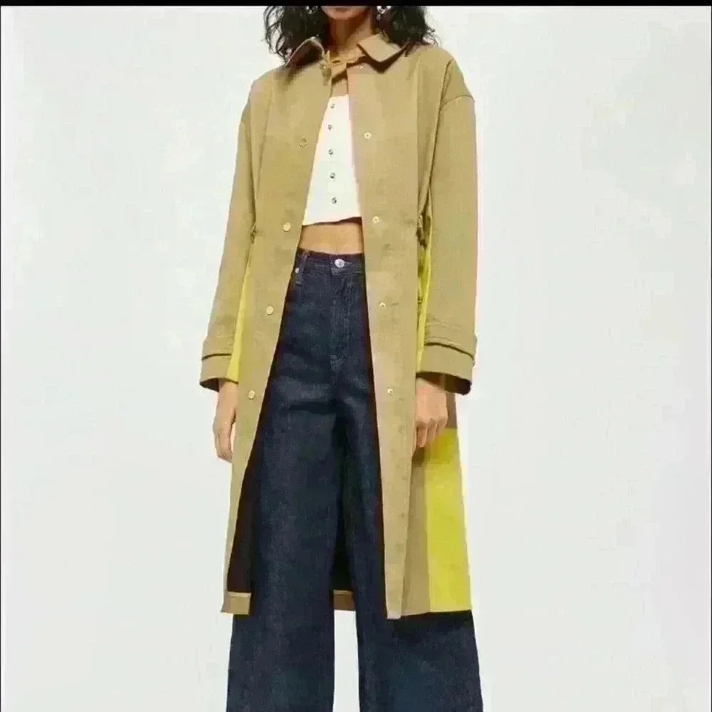 TOPSHOP Color-Block Tan & Yellow Trench Coat, Size 6 (Runs very large) NWOT